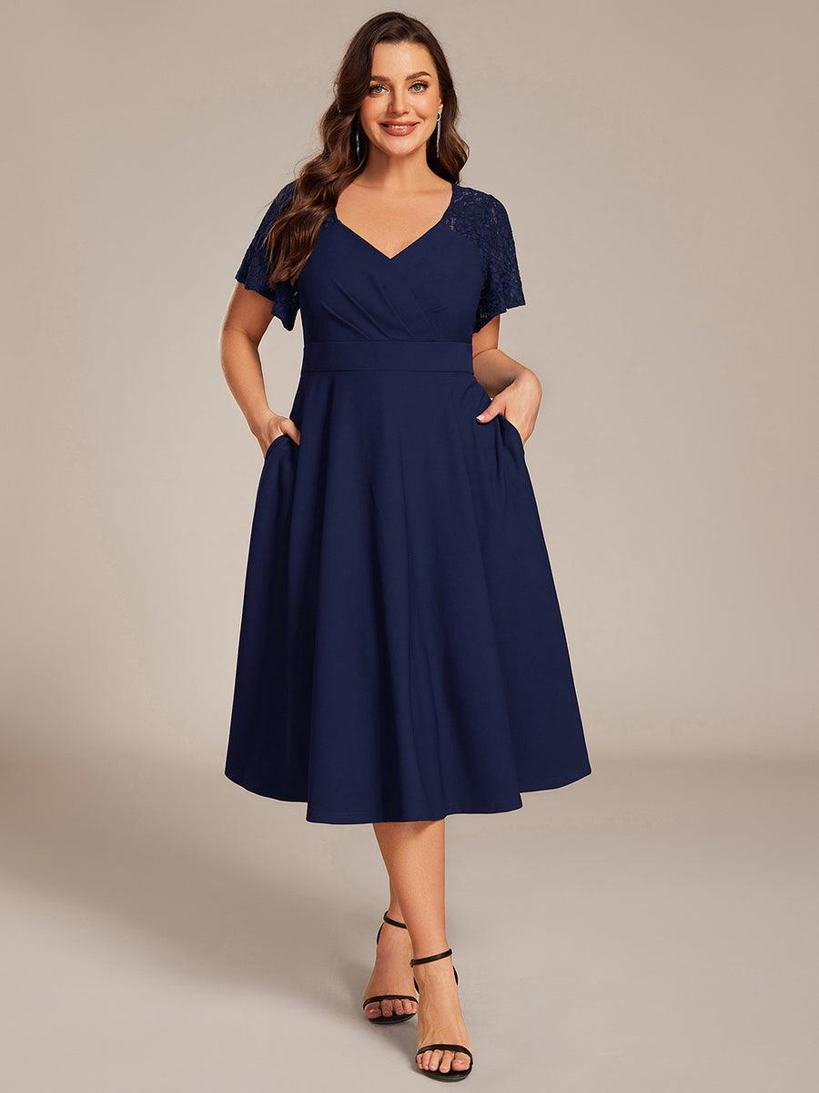 ever EVIE|Short Sleeves A-Line Midi Wedding Guest Dress with Pockets