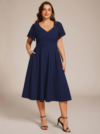 pretty EVIE|Plus Size A-Line Pleated Midi Wedding Guest Dress with Pockets