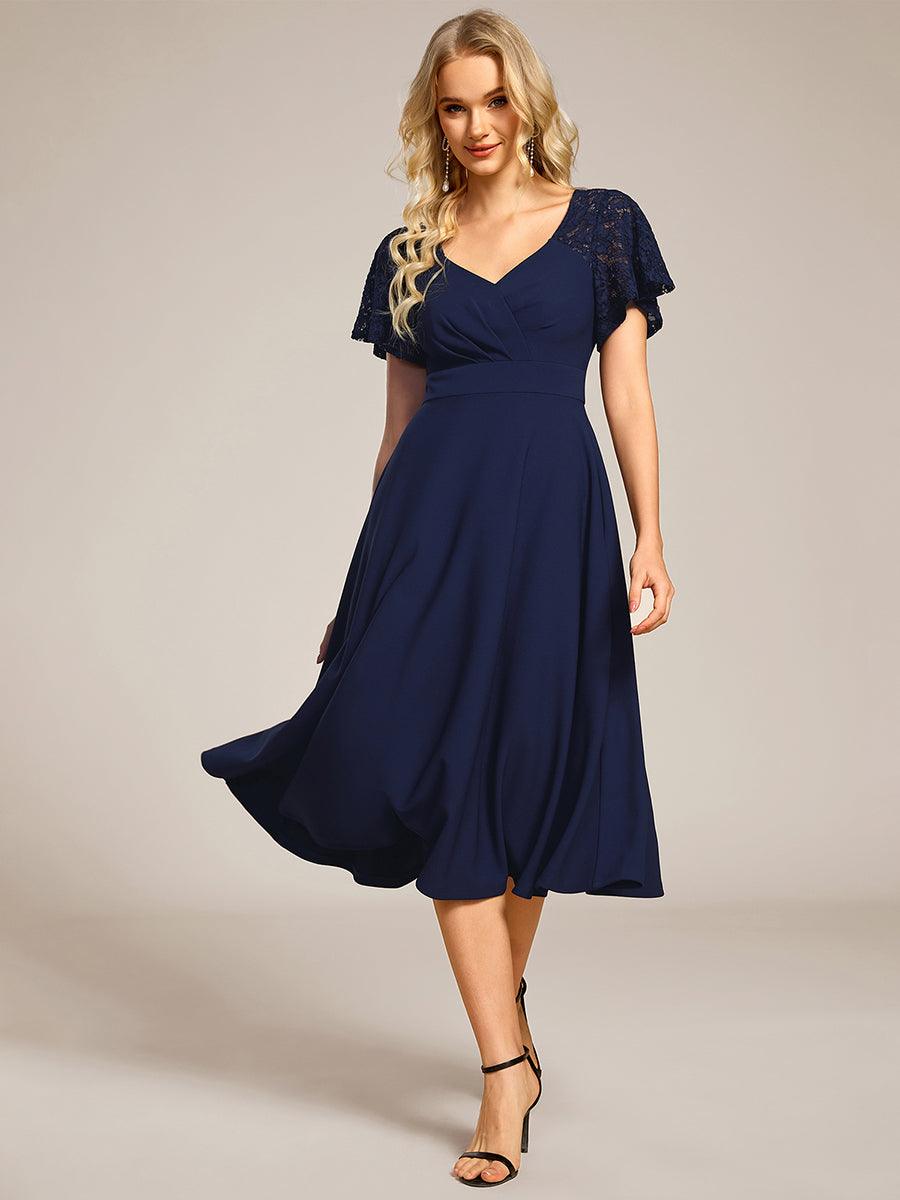 ever EVIE|Short Sleeves A-Line Midi Wedding Guest Dress with Pockets