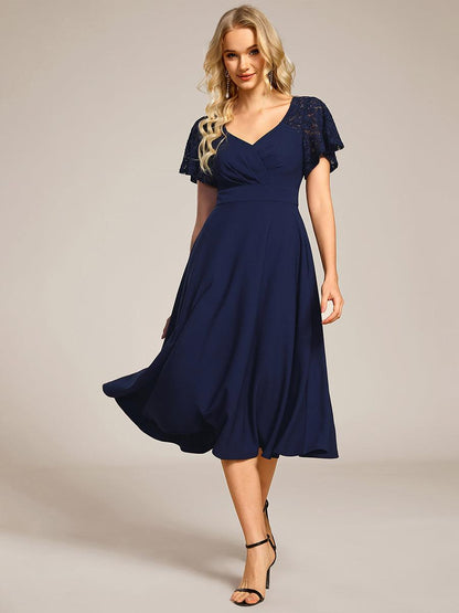 ever EVIE|Short Sleeves A-Line Midi Wedding Guest Dress with Pockets