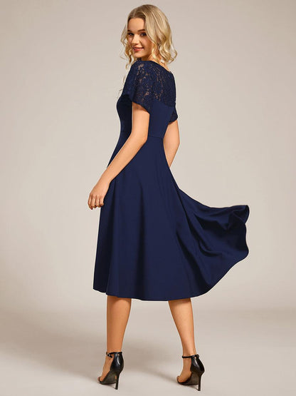 ever EVIE|Short Sleeves A-Line Midi Wedding Guest Dress with Pockets