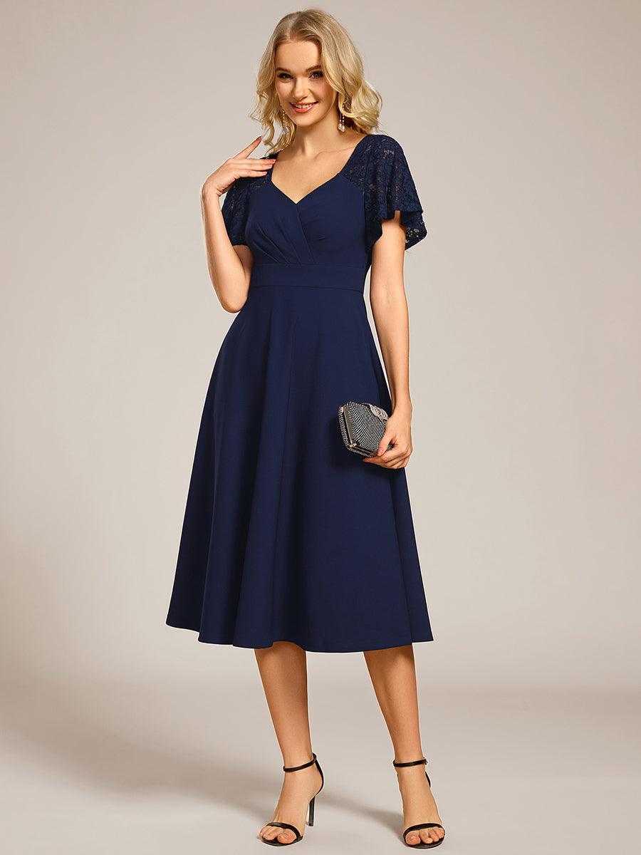 ever EVIE|Short Sleeves A-Line Midi Wedding Guest Dress with Pockets