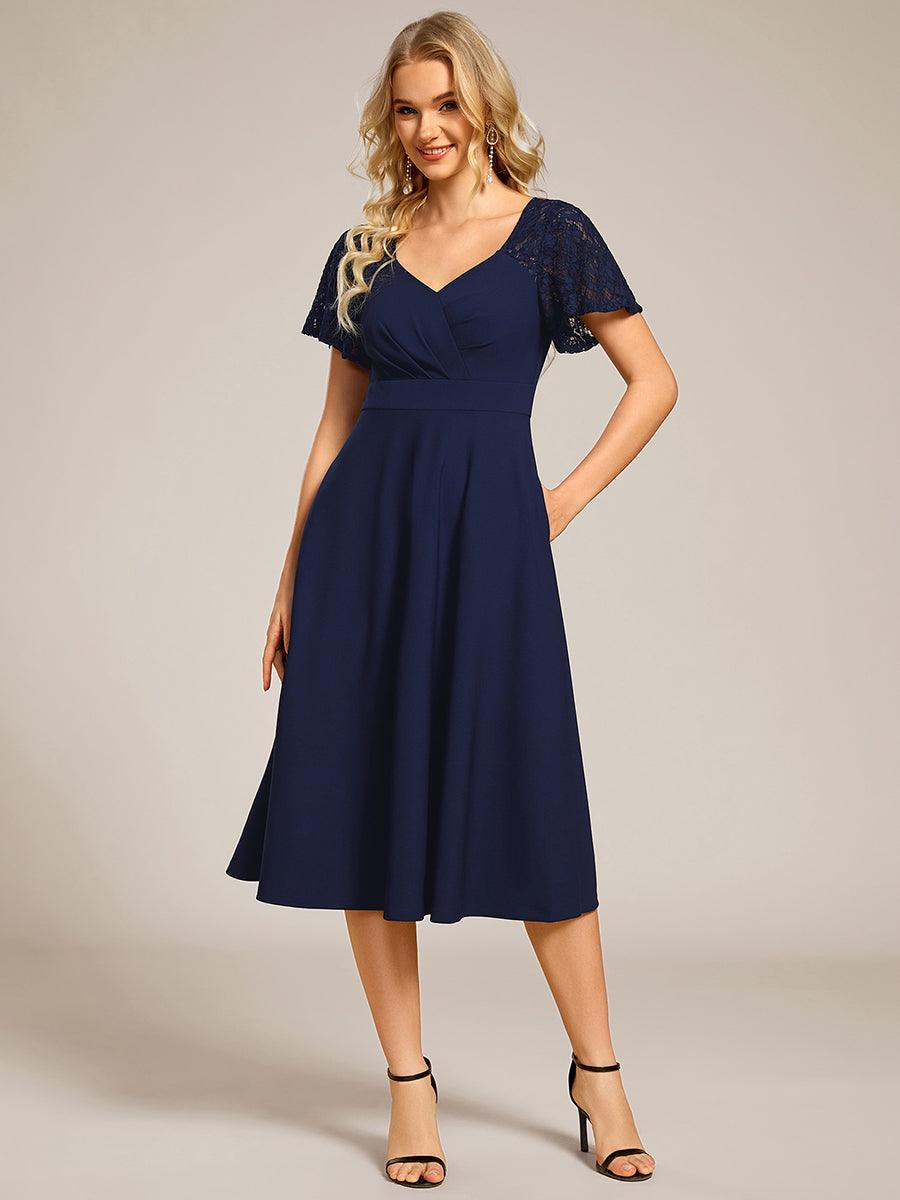 ever EVIE|Short Sleeves A-Line Midi Wedding Guest Dress with Pockets