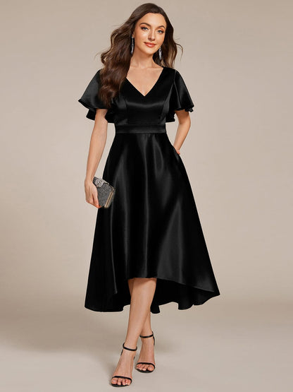 ever SCARLEN|V-neck High-Low Satin Wedding Guest Dress with Pockets