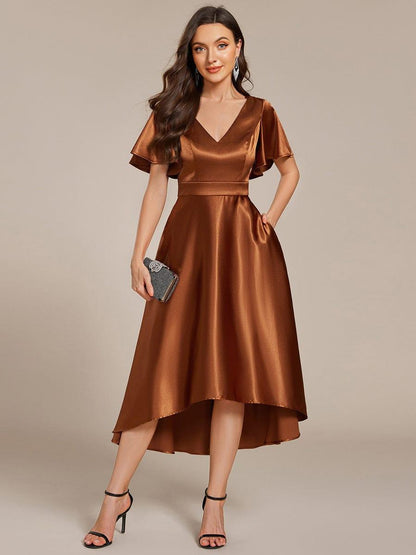 ever SCARLEN|V-neck High-Low Satin Wedding Guest Dress with Pockets