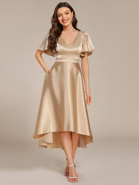 ever SCARLEN|V-neck High-Low Satin Wedding Guest Dress with Pockets