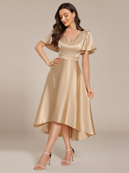 ever SCARLEN|V-neck High-Low Satin Wedding Guest Dress with Pockets