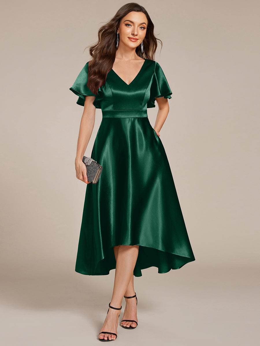 ever SCARLEN|V-neck High-Low Satin Wedding Guest Dress with Pockets
