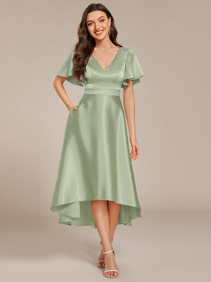 ever SCARLEN|V-neck High-Low Satin Wedding Guest Dress with Pockets