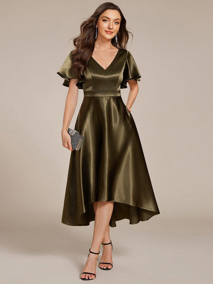 ever SCARLEN|V-neck High-Low Satin Wedding Guest Dress with Pockets