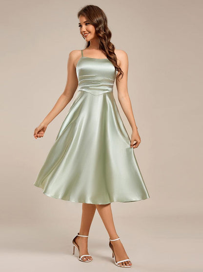 ever SHILOH|Spaghetti Strap Pleated A-Line Midi Satin Wedding Guest Dress
