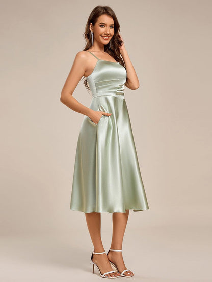 ever SHILOH|Spaghetti Strap Pleated A-Line Midi Satin Wedding Guest Dress