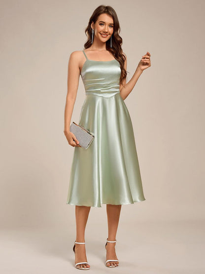 ever SHILOH|Spaghetti Strap Pleated A-Line Midi Satin Wedding Guest Dress