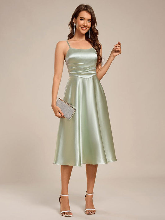 ever SHILOH|Spaghetti Strap Pleated A-Line Midi Satin Wedding Guest Dress