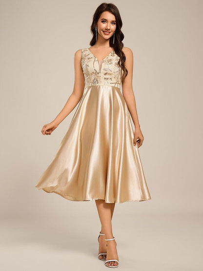 ever DELYN|Sleeveles A-Line Midi Satin Wedding Guest Dress with Pockets