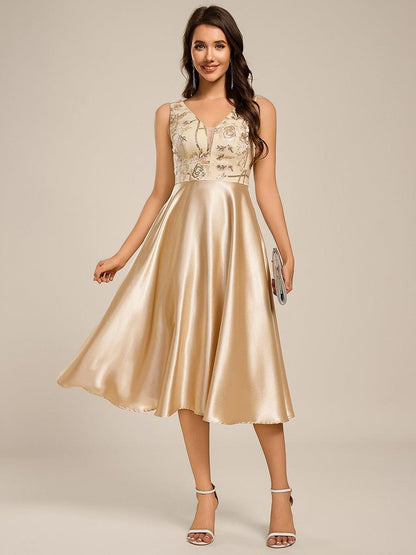 ever DELYN|Sleeveles A-Line Midi Satin Wedding Guest Dress with Pockets