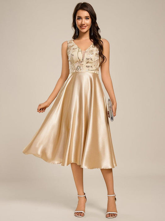 ever DELYN|Sleeveles A-Line Midi Satin Wedding Guest Dress with Pockets