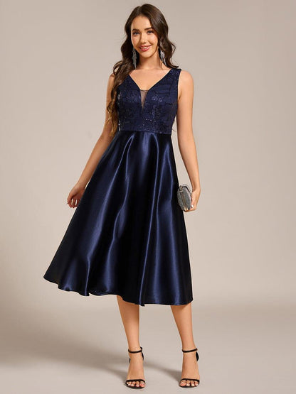 ever DELYN|Sleeveles A-Line Midi Satin Wedding Guest Dress with Pockets