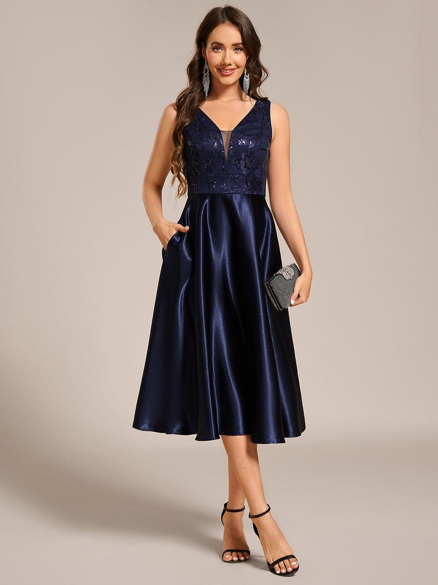 ever DELYN|Sleeveles A-Line Midi Satin Wedding Guest Dress with Pockets