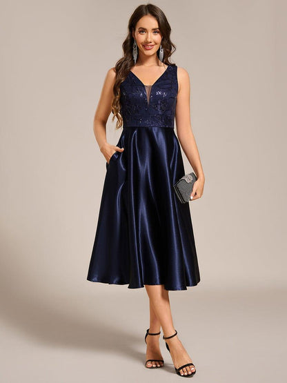 ever DELYN|Sleeveles A-Line Midi Satin Wedding Guest Dress with Pockets