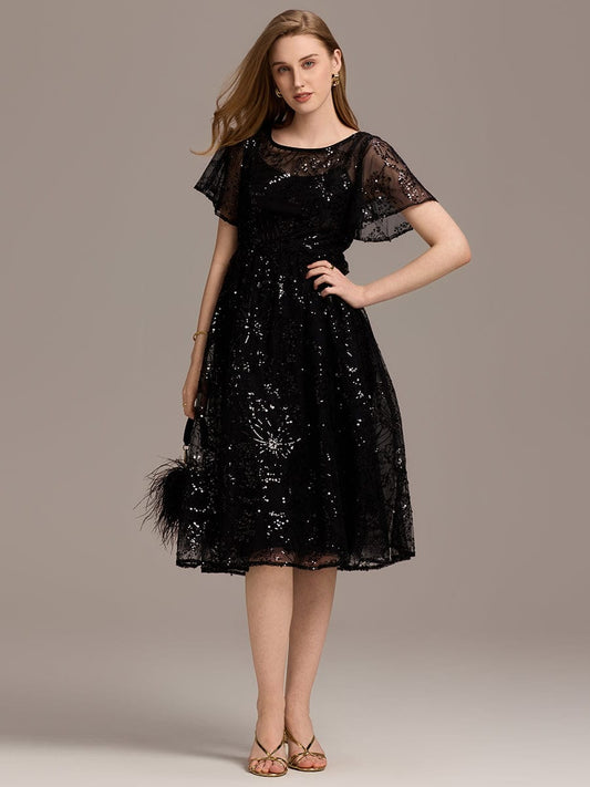 ever ADEL|Sheer Ruffle Sequin Wedding Guest Dress