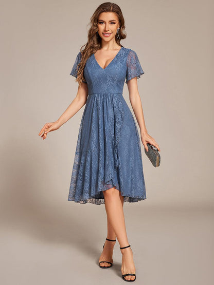 ever PALOMA|Ruffled Short Sleeves V-Neck A-Line Midi Wedding Guest Dress