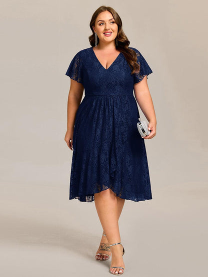 pretty PALOMA|Plus Size Short Sleeves V-Neck A-Line Lace Midi Wedding Guest Dress