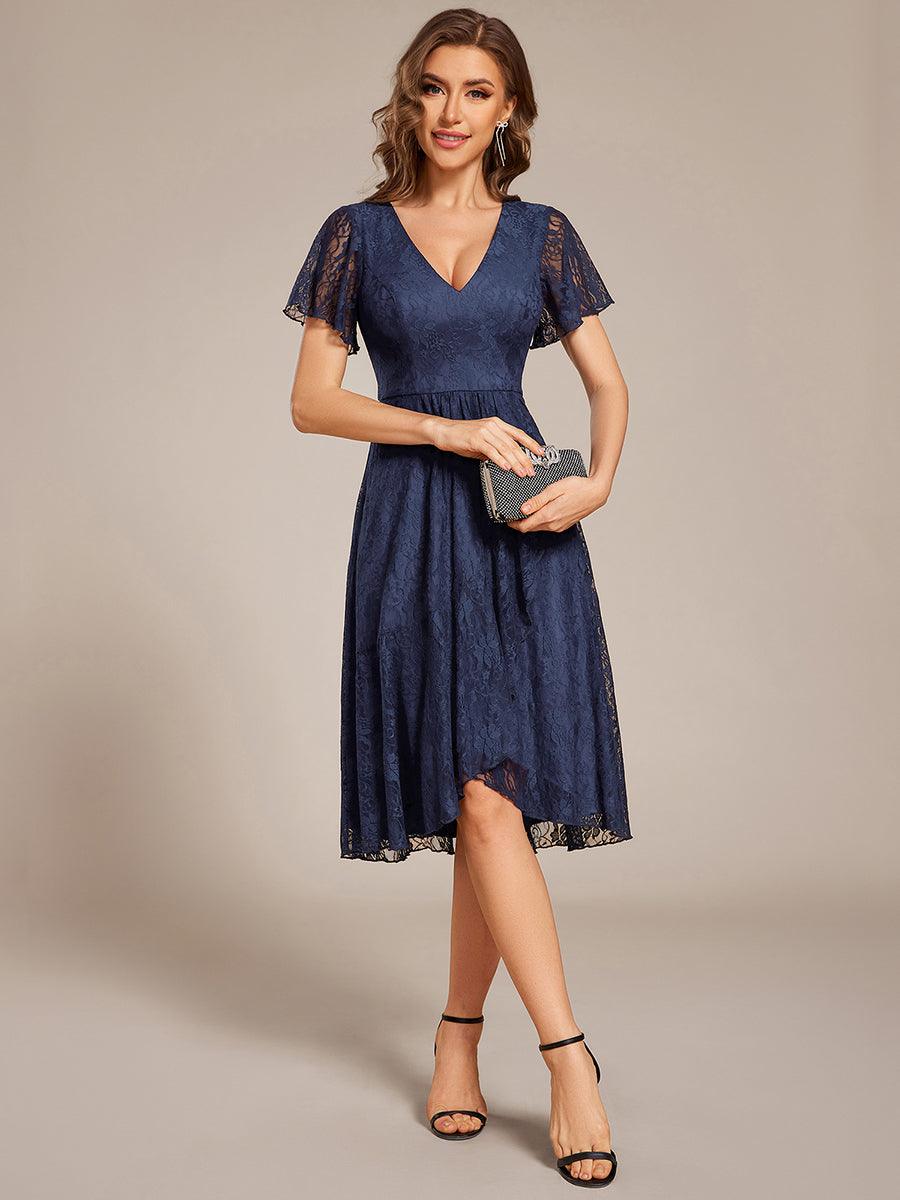 ever PALOMA|Ruffled Short Sleeves V-Neck A-Line Midi Wedding Guest Dress