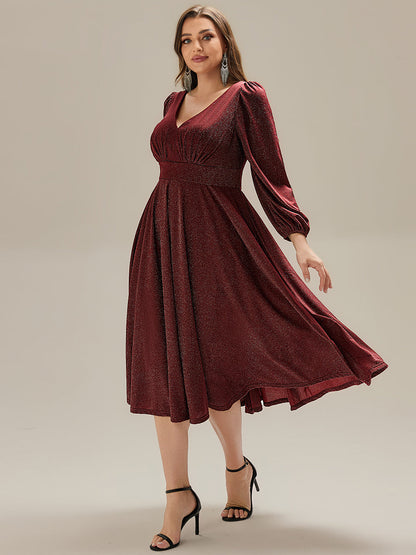 pretty GREER| Plus Size Glitter long Sleeve Midi Dress With Pocket