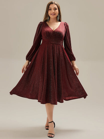 pretty GREER| Plus Size Glitter long Sleeve Midi Dress With Pocket