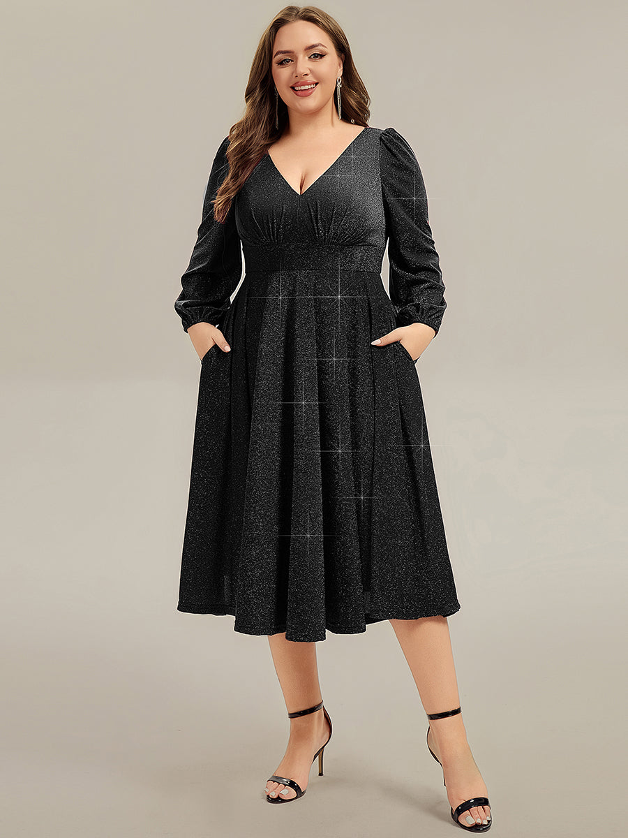 pretty GREER| Plus Size Glitter long Sleeve Midi Dress With Pocket