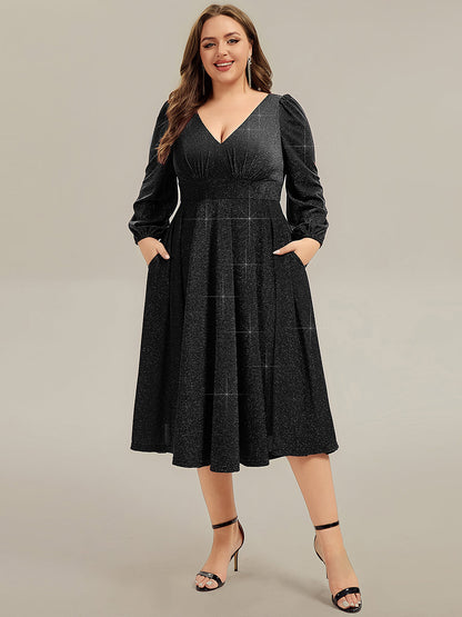 pretty GREER| Plus Size Glitter long Sleeve Midi Dress With Pocket