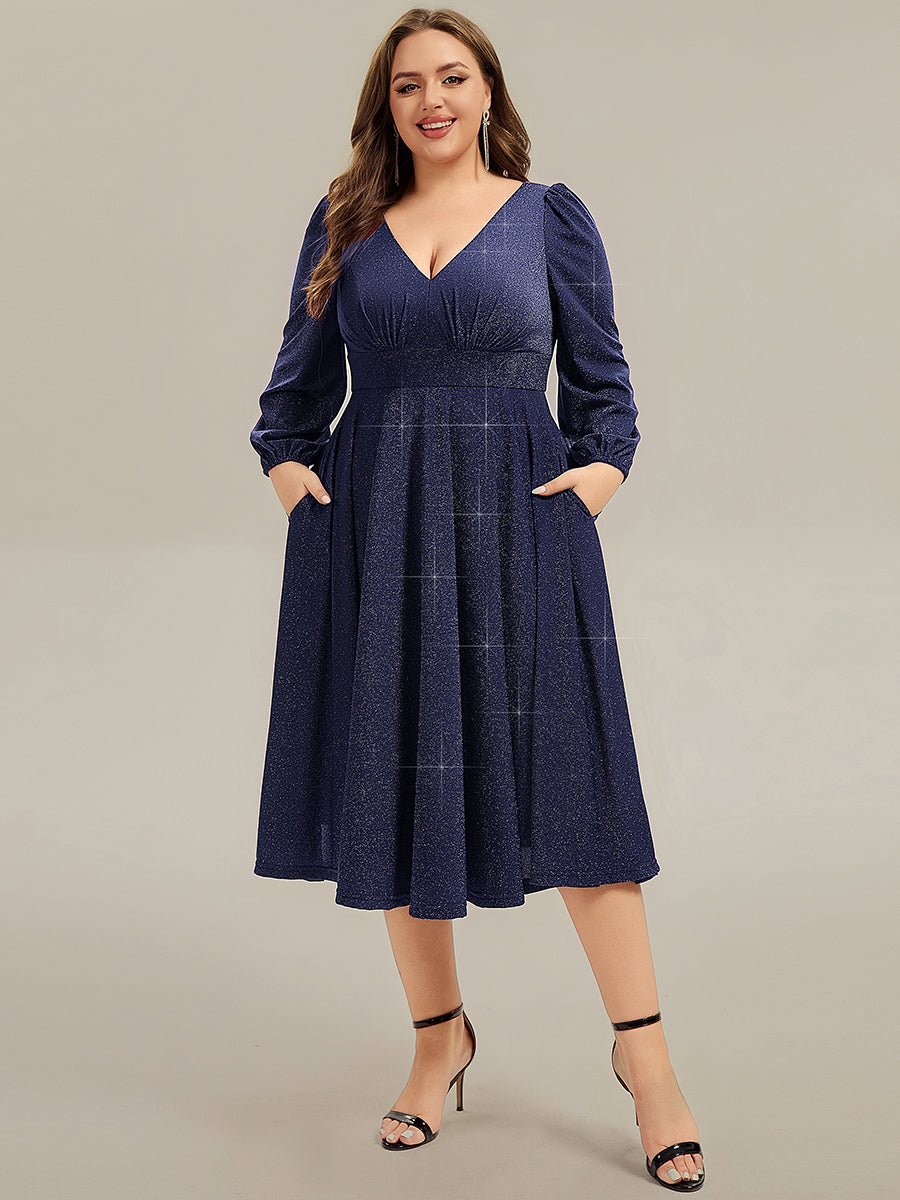 pretty GREER| Plus Size Glitter long Sleeve Midi Dress With Pocket