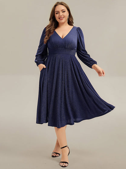 pretty GREER| Plus Size Glitter long Sleeve Midi Dress With Pocket