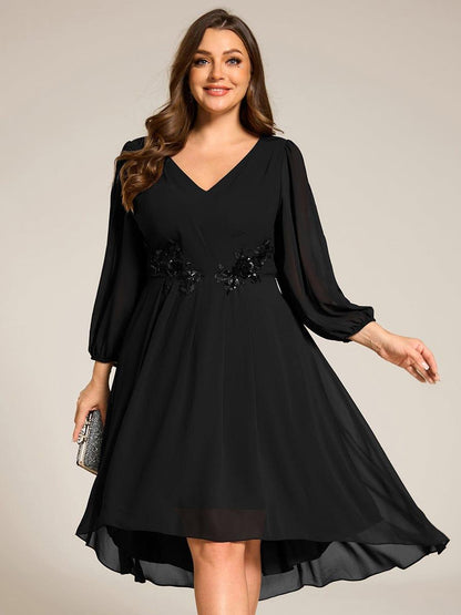 ever AELINA|Long Sleeves Waist Applique A-Line Midi Chiffon Wedding Guest Dress