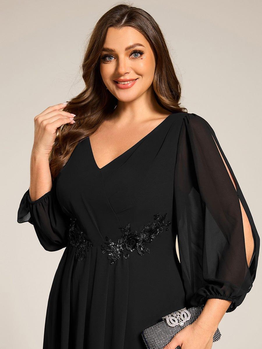 pretty AELINA|Plus Size Flowy Long Sleeves V-Neck Waist Applique Midi Chiffon Wedding Guest Dress