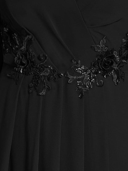 ever AELINA|Long Sleeves Waist Applique A-Line Midi Chiffon Wedding Guest Dress