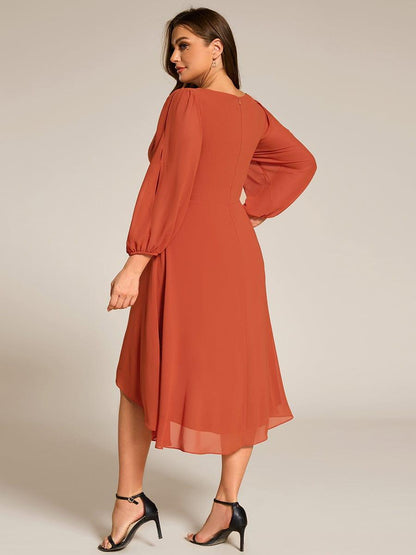 pretty AELINA|Plus Size Flowy Long Sleeves V-Neck Waist Applique Midi Chiffon Wedding Guest Dress