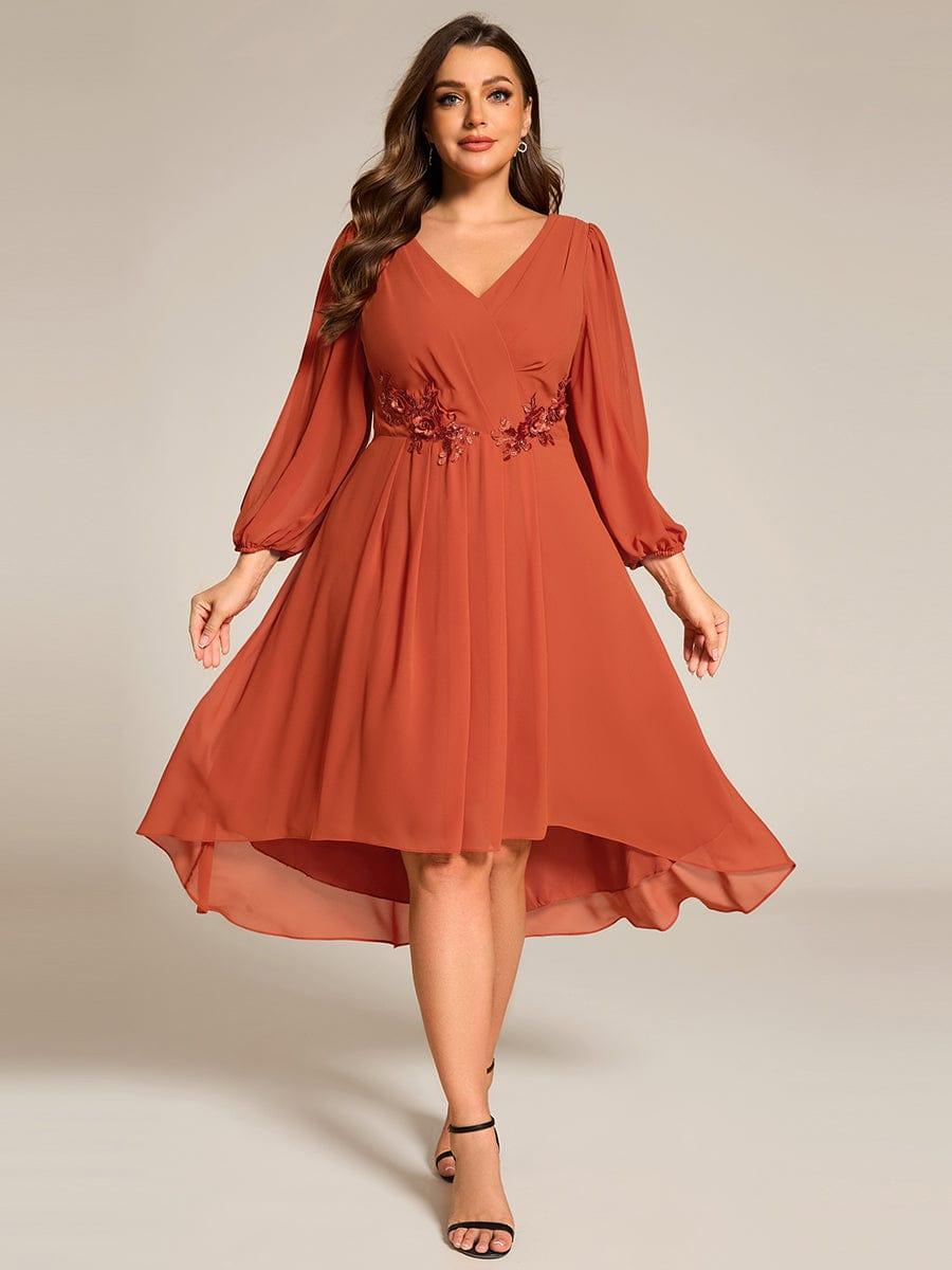ever AELINA|Long Sleeves Waist Applique A-Line Midi Chiffon Wedding Guest Dress