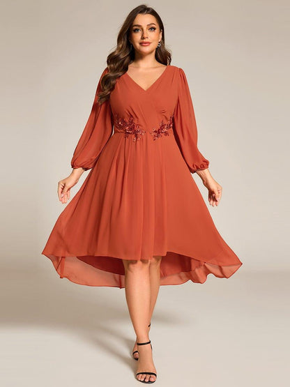 ever AELINA|Long Sleeves Waist Applique A-Line Midi Chiffon Wedding Guest Dress