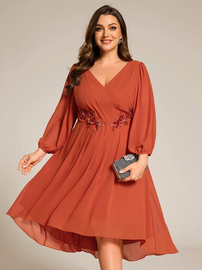 pretty AELINA|Plus Size Flowy Long Sleeves V-Neck Waist Applique Midi Chiffon Wedding Guest Dress