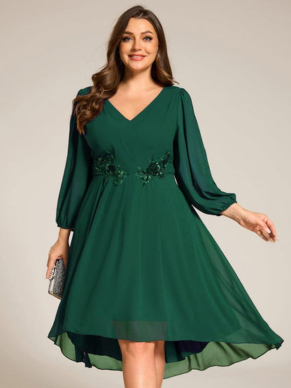 pretty AELINA|Plus Size Flowy Long Sleeves V-Neck Waist Applique Midi Chiffon Wedding Guest Dress
