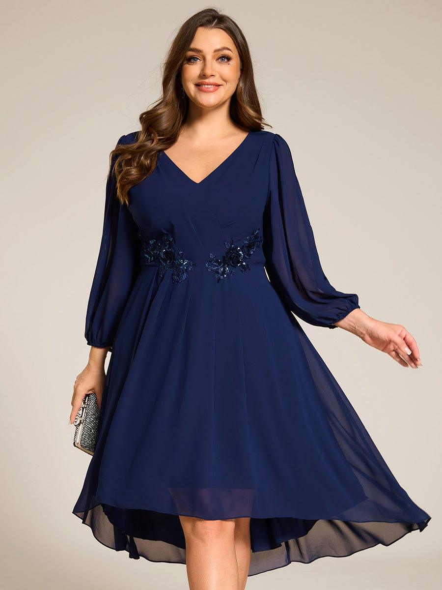 ever AELINA|Long Sleeves Waist Applique A-Line Midi Chiffon Wedding Guest Dress