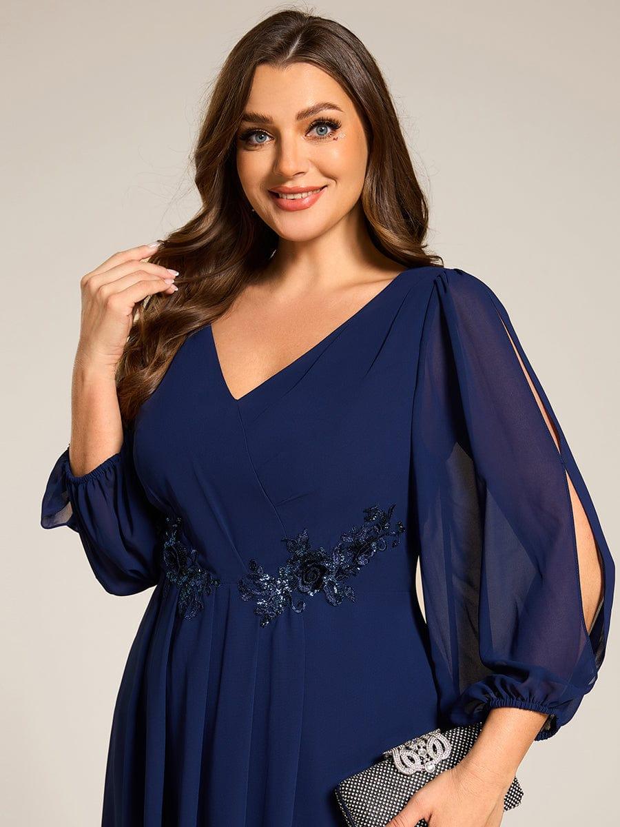 pretty AELINA|Plus Size Flowy Long Sleeves V-Neck Waist Applique Midi Chiffon Wedding Guest Dress