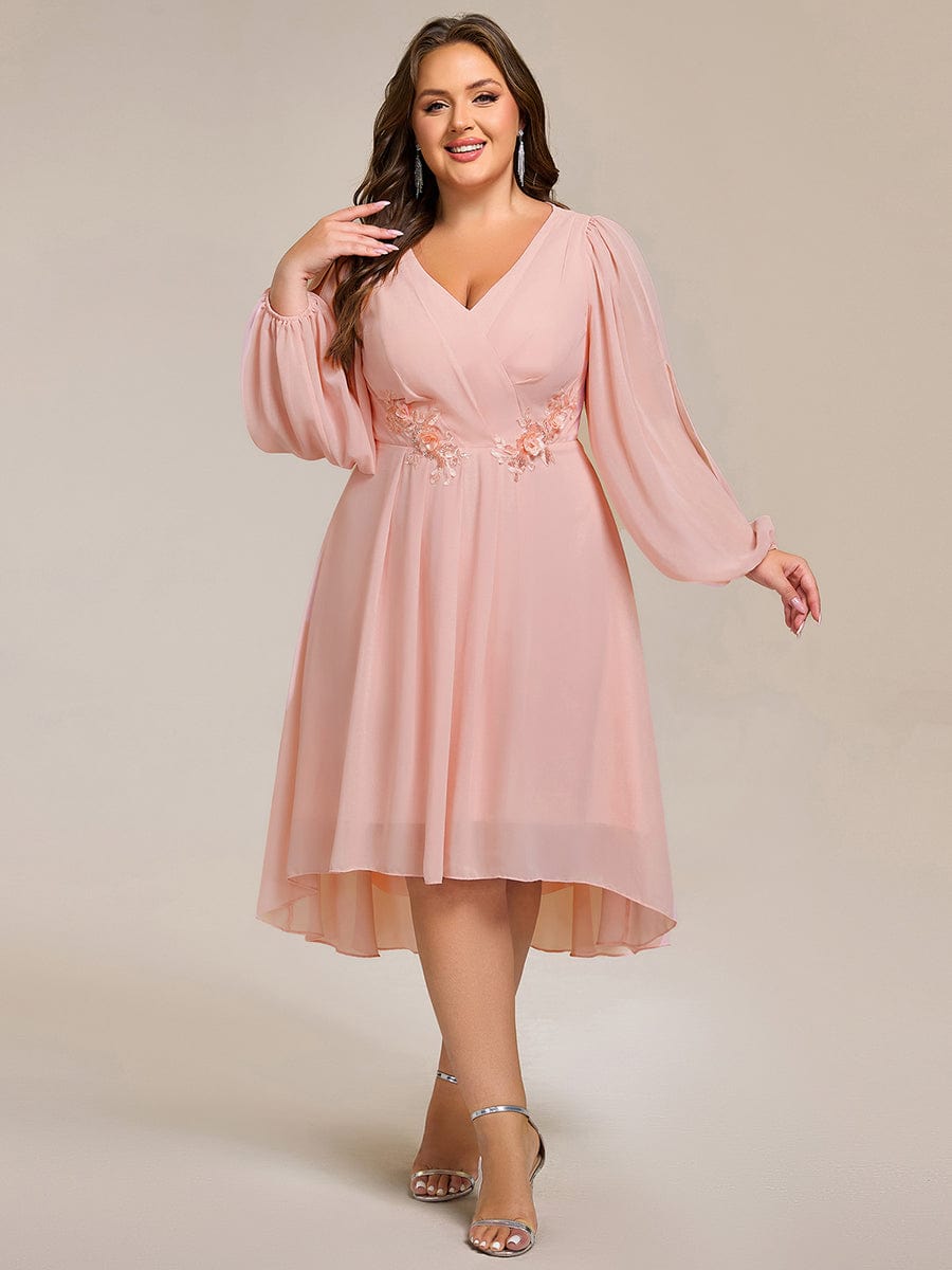 ever AELINA|Long Sleeves Waist Applique A-Line Midi Chiffon Wedding Guest Dress