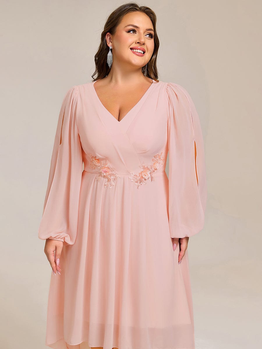pretty AELINA|Plus Size Flowy Long Sleeves V-Neck Waist Applique Midi Chiffon Wedding Guest Dress