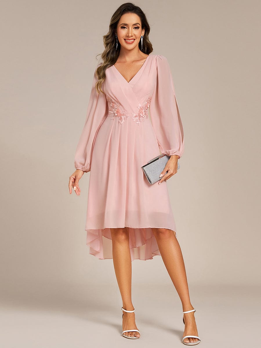 ever AELINA|Long Sleeves Waist Applique A-Line Midi Chiffon Wedding Guest Dress