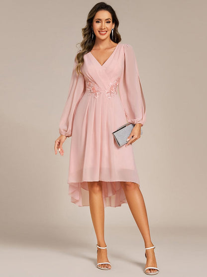 ever AELINA|Long Sleeves Waist Applique A-Line Midi Chiffon Wedding Guest Dress