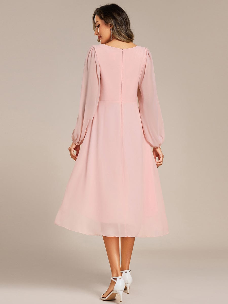 ever AELINA|Long Sleeves Waist Applique A-Line Midi Chiffon Wedding Guest Dress