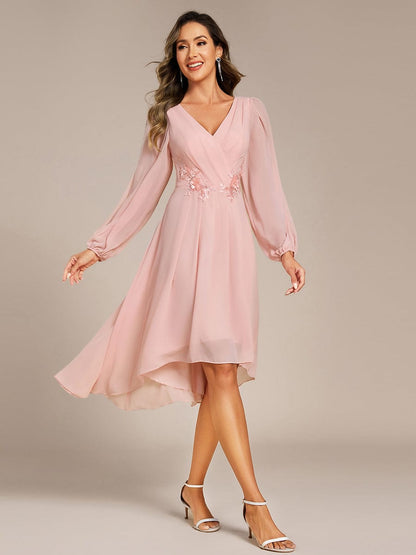 ever AELINA|Long Sleeves Waist Applique A-Line Midi Chiffon Wedding Guest Dress